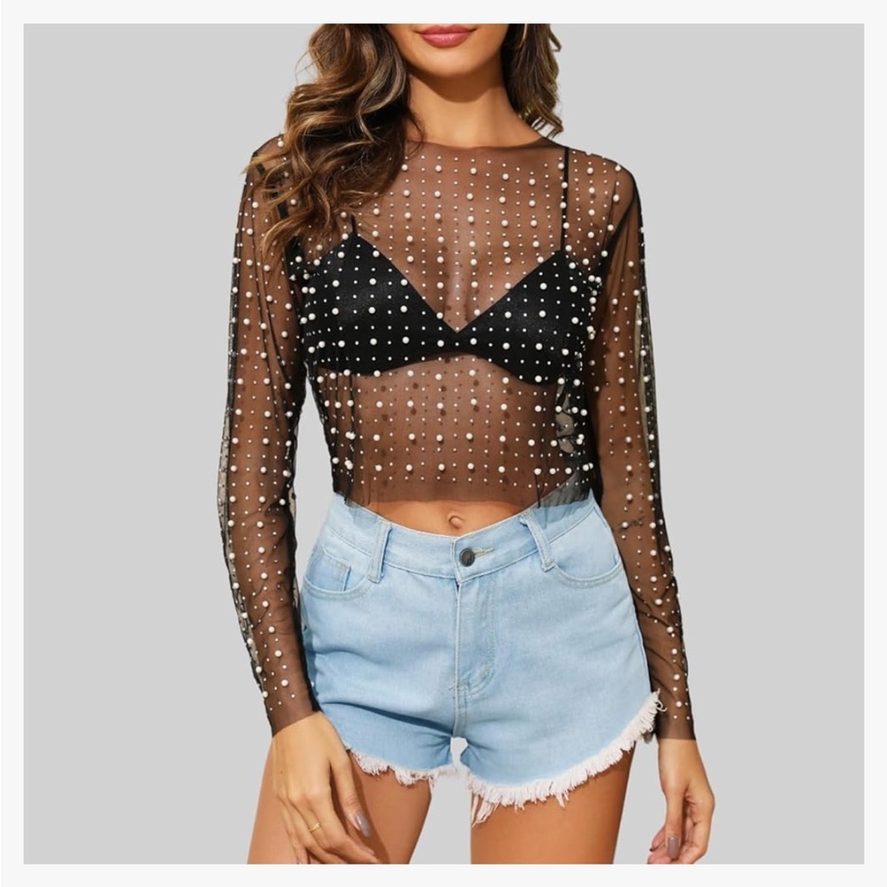 Sheer mash black top with pearls and rhinestones